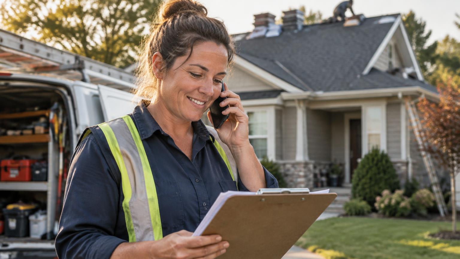 A roofing contractor taking a call from an exclusive lead beside her work van in a customer driveway.